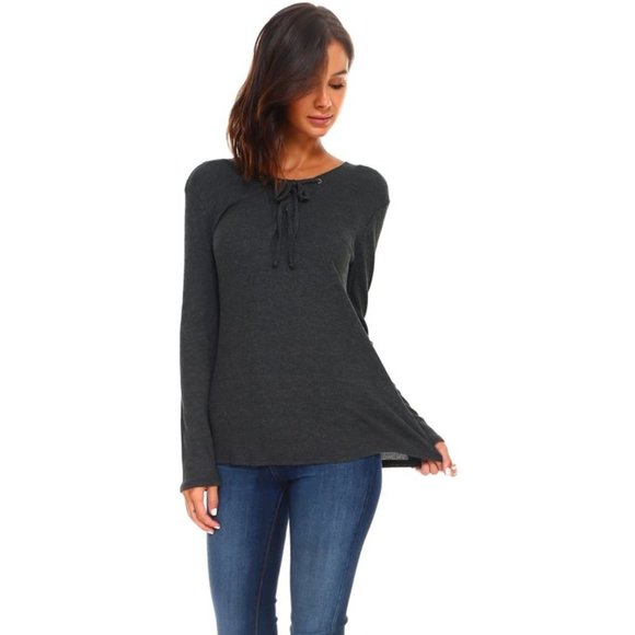Women's Lace Up Long Sleeve Top - Picture 1 of 7